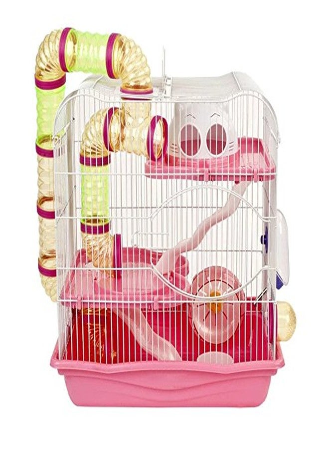 سايج سكوير قفص سيج سكوير المحمول للهامستر / القزم / الجربوع / الفئران - مع طابقين إضافيين، نفق، عجلة تمرين، زجاجة ماء، بيت للاختباء وصينية طعام مع جميع الملحقات المرفقة (وردي) - Image 1